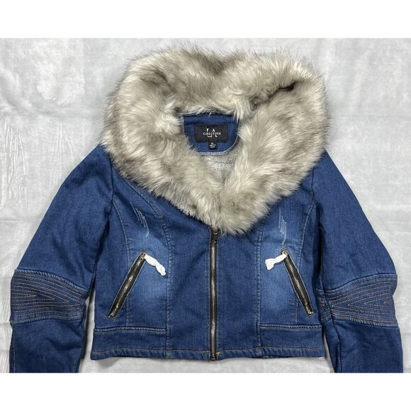 NEW Coalition LA Sz XL Faux Fur Collar and Lining Cropped Denim Jean Jacket NWT - Picture 12 of 16